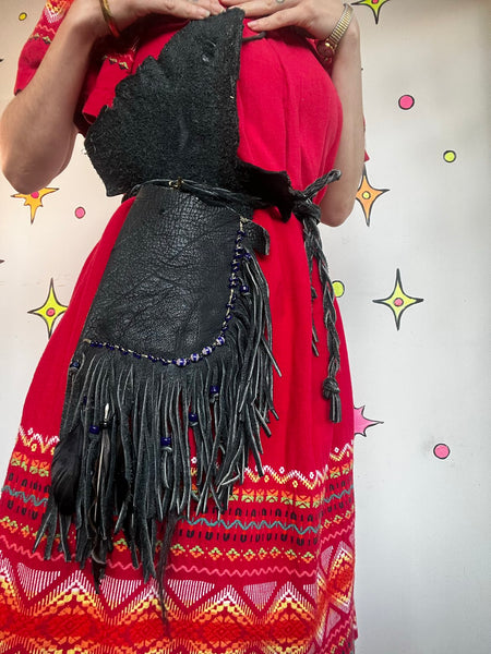 Vintage Leather Witch Bag Medicine Pouch Bone Feather Boho Goth Fringe Western