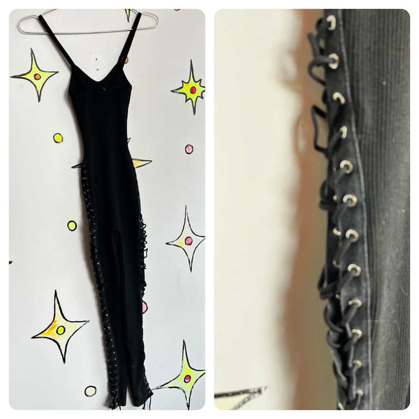 Y2K Black Ribbed Lace Up Cat Woman Stretch Catsuit Fairy Goth Layering Piece SM