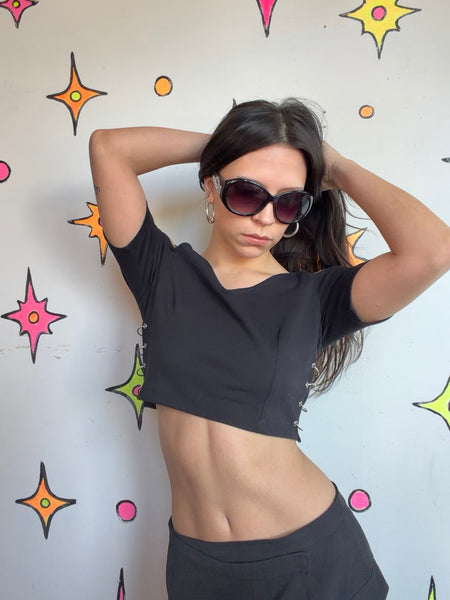 Y2K Black Goth Lace-Up Side Crop Top Emo Punk Grunge Fairy Mall Goth Tee S/M