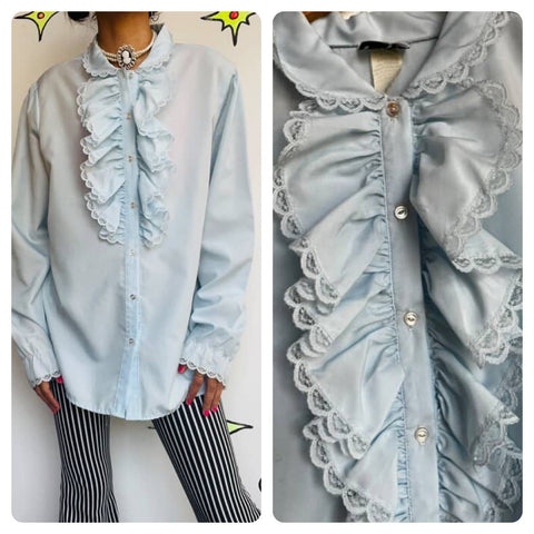 Vintage 60s 70s | Pastel Blue Ruffled Victorian Revival Secretary Blouse | L XL