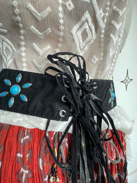 Black Fringe Western Goth Faux-Turquoise Vegan Suede Wrap Belt S/M