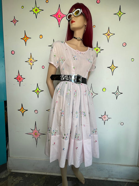 Vintage Pastel Pink Embroidered Babydoll Dress Fit & Flare Kawaii Coquette S