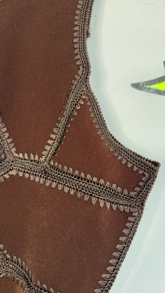 Vintage Brown Western Embroidered Vest | Crochet Panel Vegan Suede Boho Grunge L