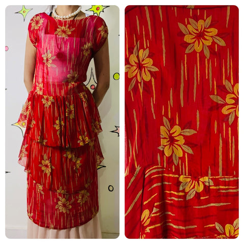 Vintage Sheer Red Ruffle Tiered Cottagecore Dress - Romantic Boho Handmade - M