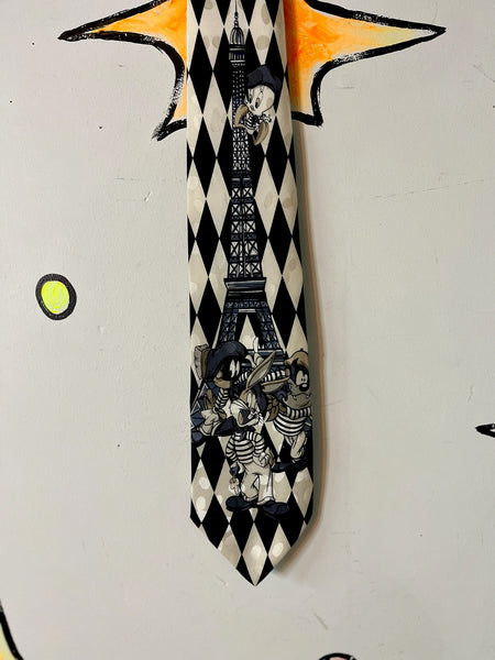 Vintage 90s Looney Tunes Paris Silk Tie – Black & White Harlequin Print Necktie