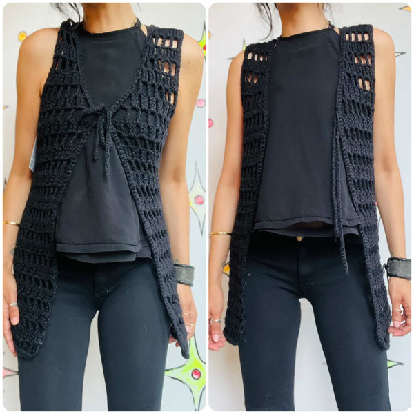Vintage 60s 70s Black Hand-Crocheted Boho Rocker Vest – Hippie Festival Layer
