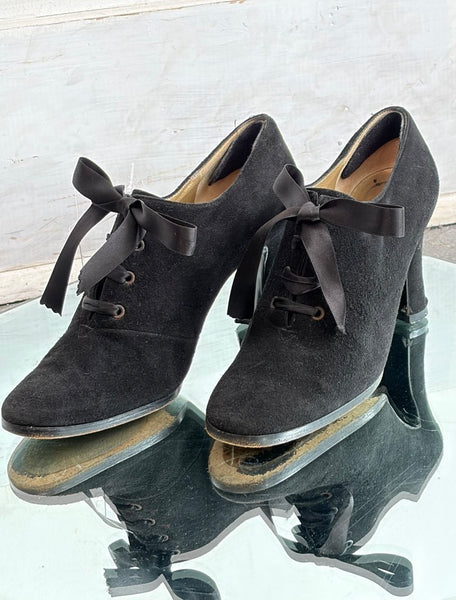 Vintage Yves Saint Laurent Black Suede Pumps 90s Victorian Heels Paris Chic 5.5