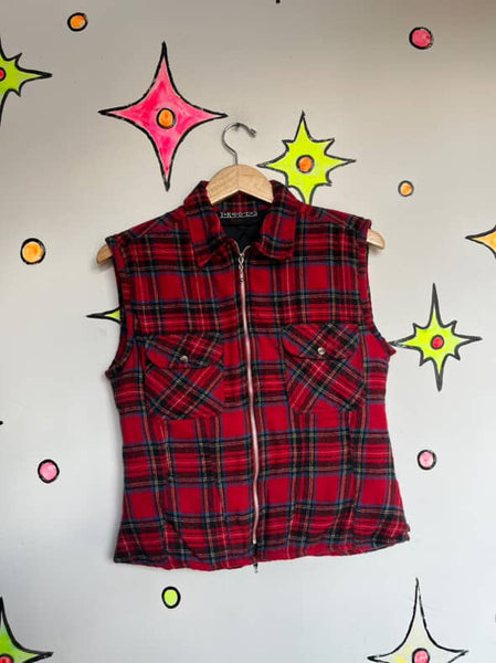 Vintage 90s Y2K Red Plaid Zip Up Flannel Utility Vest | Grunge Layering Top S
