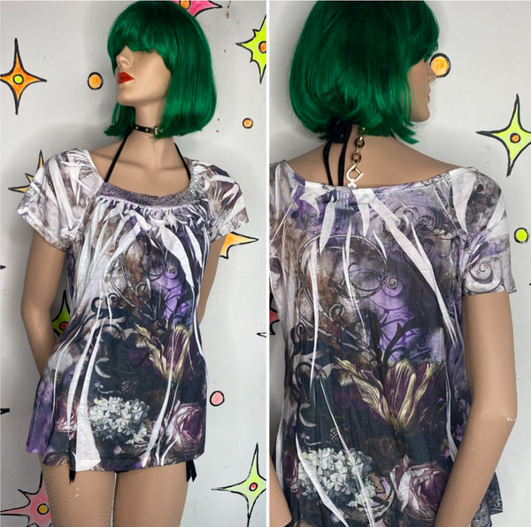 Y2K Purple Fairy Grunge Tattoo Print Top McBling Vintage Suzie Aesthetic M