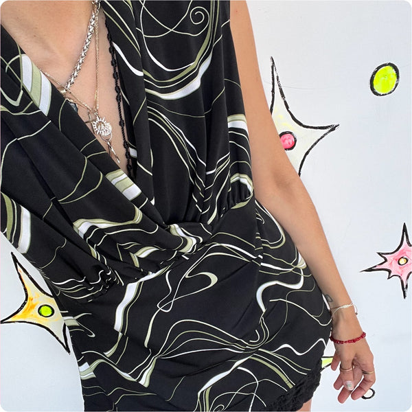 Vintage Y2K Black Green Cyber Fairy Grunge Top Slinky Goth Abstract Print - L