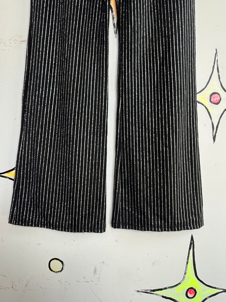 Vtg. Stretch Glam Metallic Black Silver Pinstripe Rave Disco Bellbottom Flares L