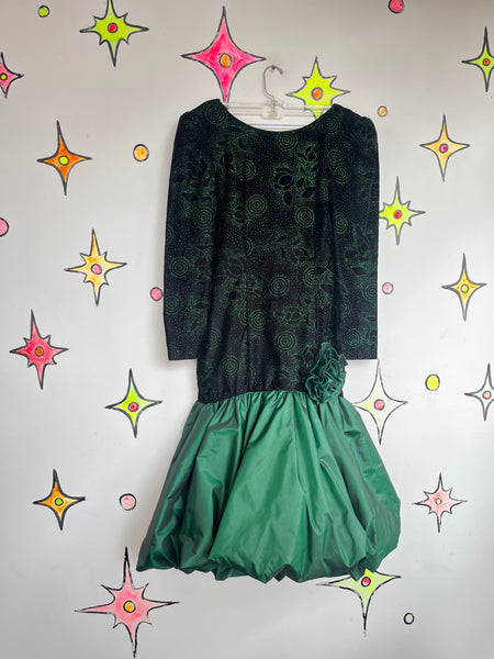 Vintage 80s Green & Black Glitter Prom Dress Poofy Bubble Hem Party Gown Size 4