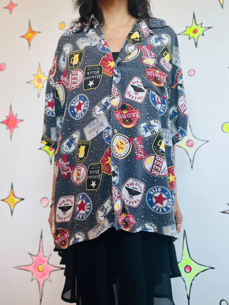 Vintage 90s Men's Beer Label Shirt - Wearable Art Retro Party Vibes - Size Large