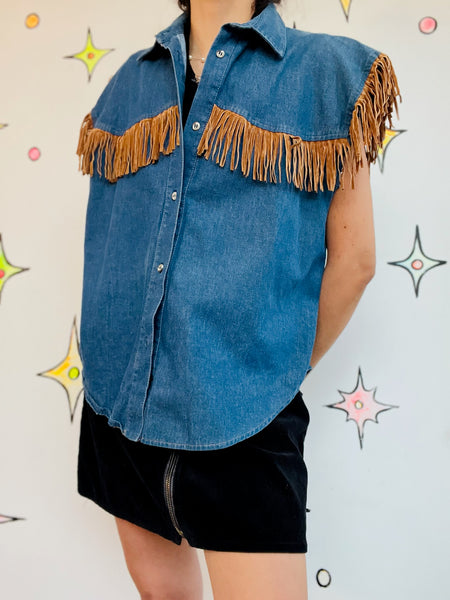 Vintage 80s–90s Denim Western Beaded Fringe Vest | Sleeveless Jean Vest | L