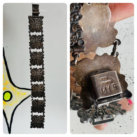 Vintage Victorian Floral Design Sterling Silver Ornate Links Signed Bracelet