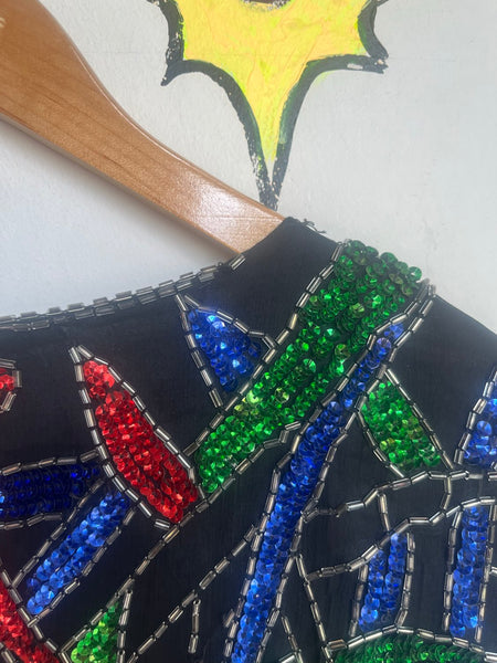 80s Rainbow Beaded Silk Top Art Deco Glam Disco Luxe Vegas Party Blouse S/M