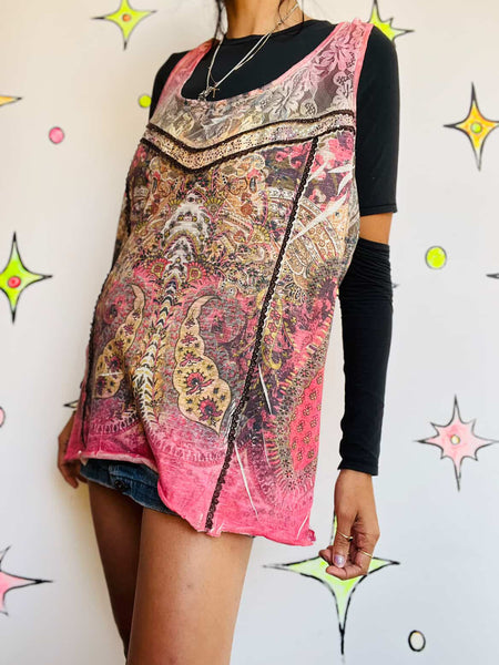 Y2K Tattoo Print McBling Embellished Tank Indie Sleaze Lace Fairy Grunge Top XL
