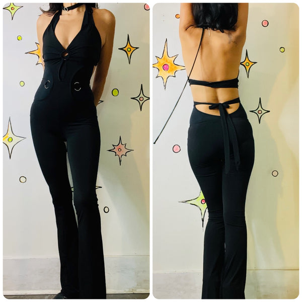 Y2K Black Cut-Out Slinky Disco Glam Flare Jumpsuit - Sexy Cat Suit - XS