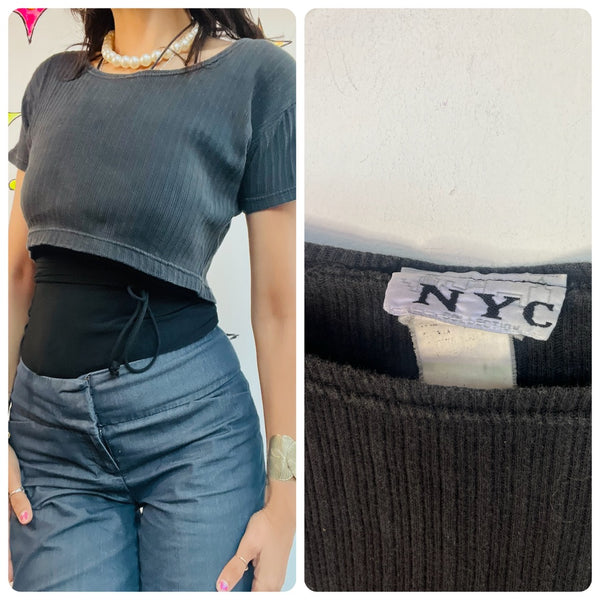 Vintage 80s 90s Black Ribbed Crop Top T-Shirt | Boho Witchy Goth Tee – M