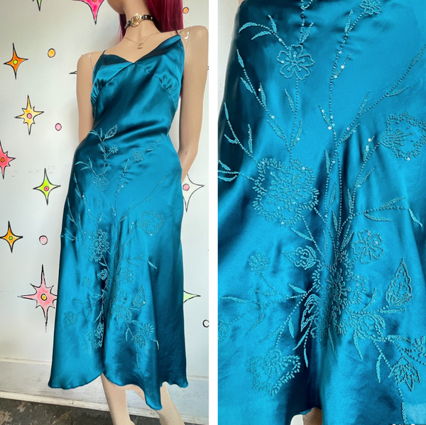 90s Peacock Blue Beaded Slip Dress Mermaidcore Silk-Feel Midi Y2K Grunge Fairy M