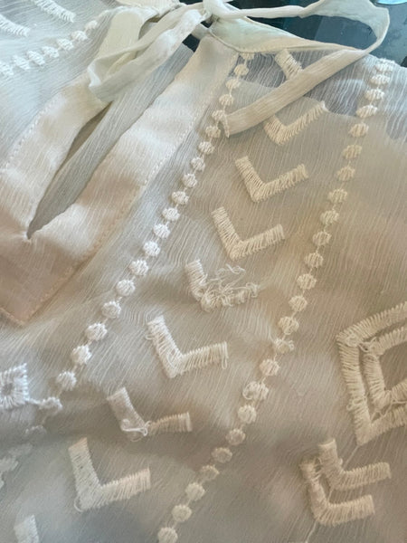 White Sheer Western Boho Embroidered Blouse Top Oversized Layering Piece XL