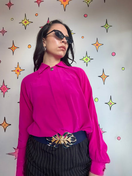 Vintage 80s Hot Pink Silk Blouse Bright Pink Glam Office Siren Top Maximalist M