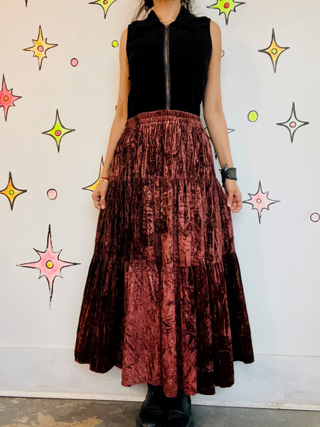 Vintage 90s Y2K Brown Crushed Velvet Boho Tier Maxi Skirt Fairy Grunge One Size