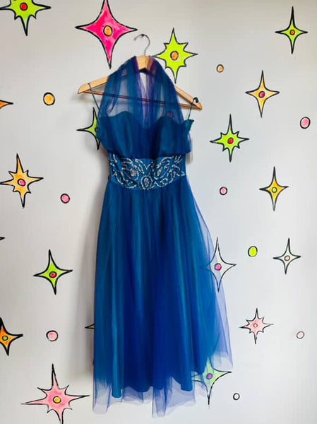 Vintage 50s Blue Tulle Fit & Flare Halter Party Dress Fairy Princess Prom Gown S