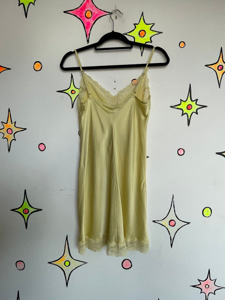 Vintage Pastel Silky Yellow Slip Dress with Lace Fairy Grunge Lingerie M