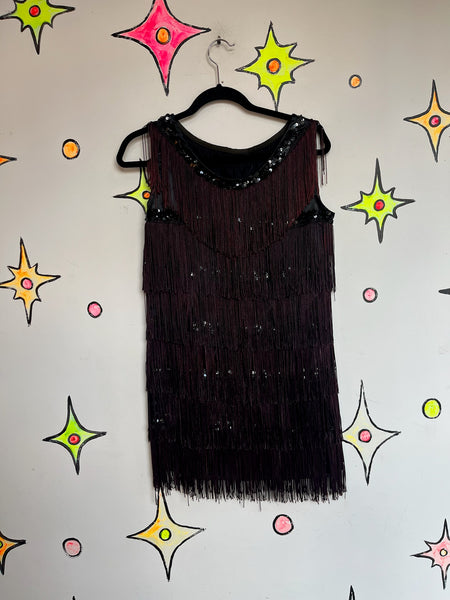 Vintage Black Fringe Flapper GoGo Western Mini Party Dress 60s Mod Style, Size S