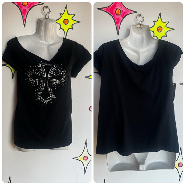 Vintage 90s Y2K | Goth Grunge Fairy Bedazzled Cross Tee Bling T Shirt | L