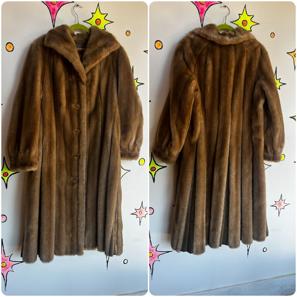 Vintage 60s 70s | Brown Faux Fur Coat Glam Pinup Long Mob Wife Coat
