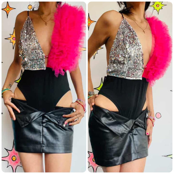 Vintage Dance Costume | Pink Fringe Showgirl Burlesque Circus Leotard Playsuit