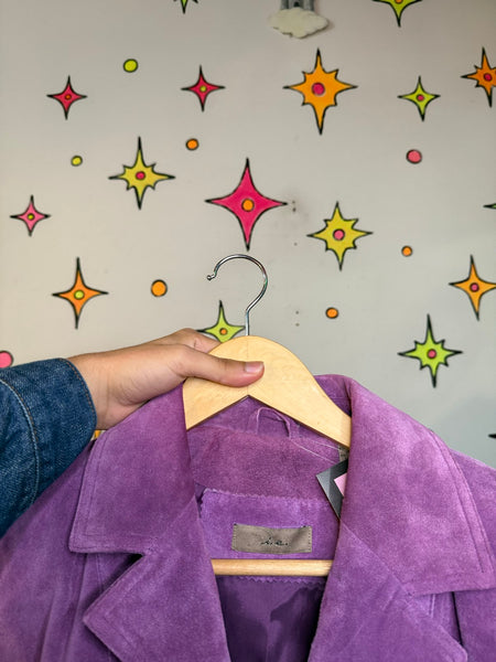Vintage 90s Y2K Purple Suede Leather Jacket Goth Western Blazer Boho Moto M