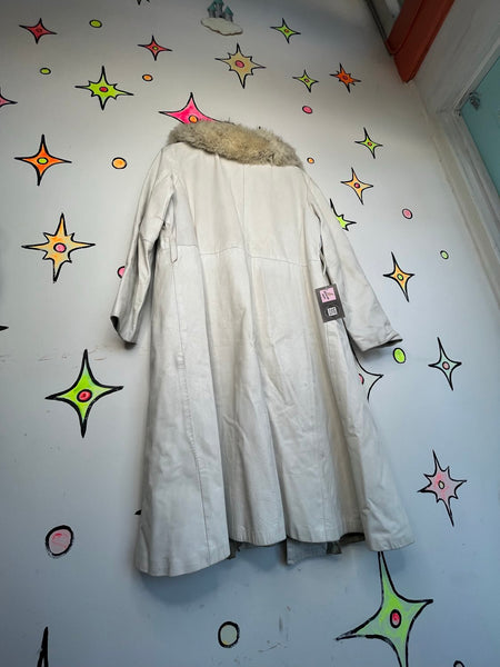 Vintage 70s White Leather Trench Coat Fur Collar Penny Lane Rockstar L