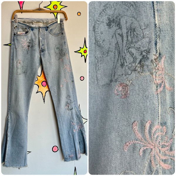 Vintage 90s Y2K | RARE Embellished Low Rise Fairy Grunge Denim Flare Jeans | 34