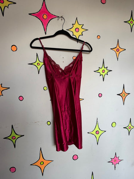 Vintage Red Satin Lace Slip Romantic 90s Lingerie Vampy Boudoir Dress M