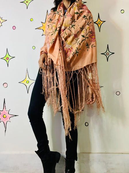 Antique Silk Piano Shawl Boho Art Decor Floral Embroidered Fringe Wrap