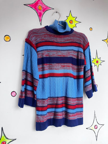 Vintage 70s Blue Turtleneck Striped Pullover Sweater Chunky Grunge Boho Retro S