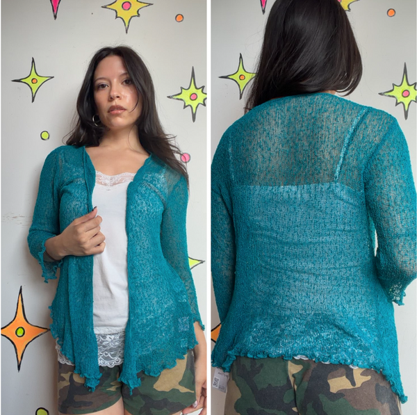 Y2K Teal Crochet Fairy Cardigan | Ethereal Whimsy Grunge Cyber Boho S