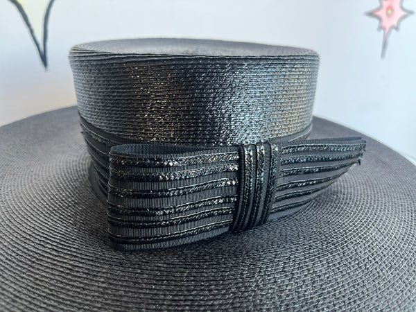 Vintage Extra Wide Brim Black Glam Witchy High Fashion Hat w Statement Bow