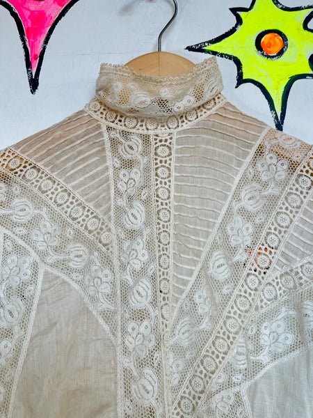 Antique 1900s Off White Sheer Lace Romantic Babydoll Steampunk Top Blouse XS