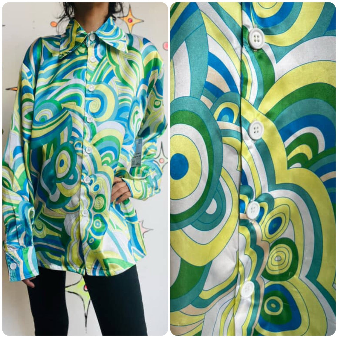 Vintage 70s Retro Groovy Psychedelic Op Art Disco Shirt – Dagger Collar M/L