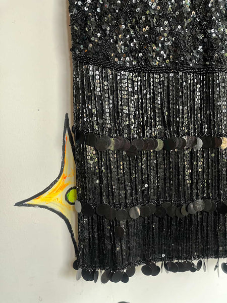 Vintage 80s Neiman Marcus Black Beaded Fringe Dress 20s Inspired Disco Glam