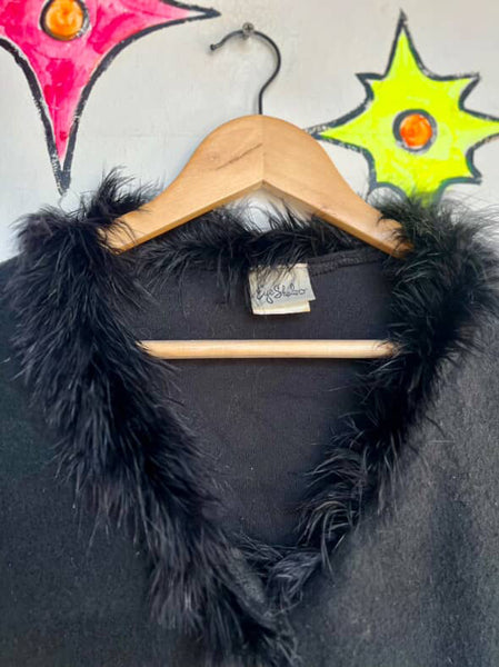 Vintage 90s Black Fuzzy Cardigan with Feather Trim Collar - Grunge Goth Glam - S