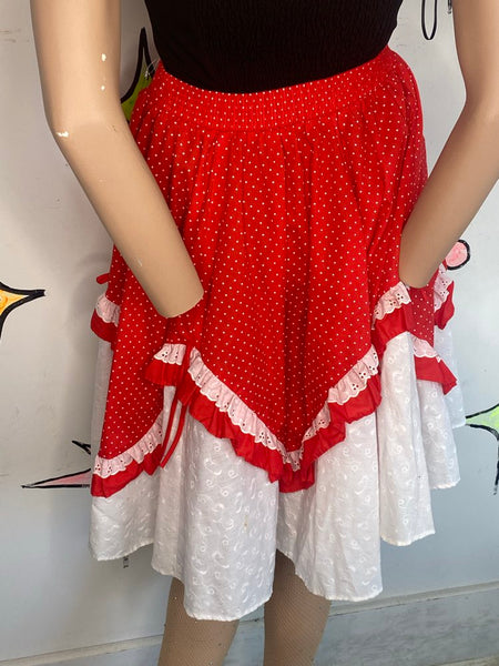 Vintage Red White Lace Square Dancing Full Twirl Patio Skirt Babydoll Lolita S