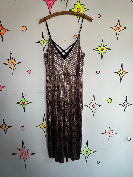 Metallic Gold Y2K Does 70s Disco Wide Leg Party Jumpsuit Retro Clubwear S/M