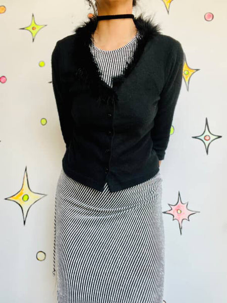 Vintage 90s Black Fuzzy Cardigan with Feather Trim Collar - Grunge Goth Glam - S