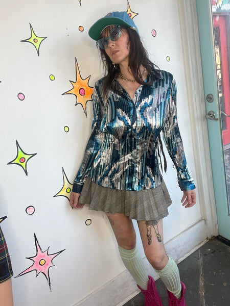 Vintage Abstract Teal Pleated Button Up | Y2K Fairy Grunge Wearable Art – M
