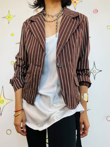 Y2K Preppy Glam Brown Pinstripe Blazer – White & Pink Stripes Office Siren – XL